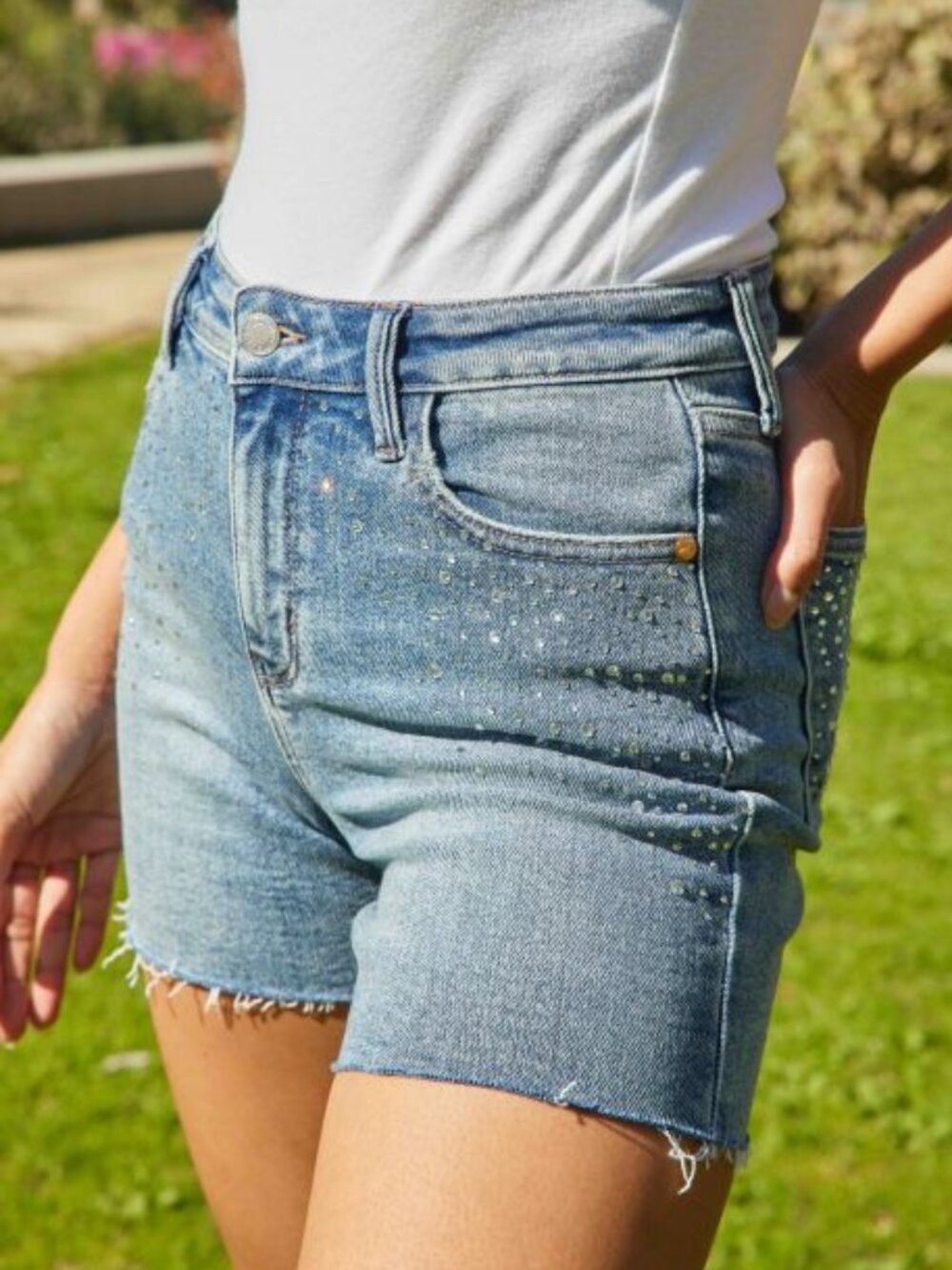 Rhinestone Detail Judy Blue High Waist Shorts